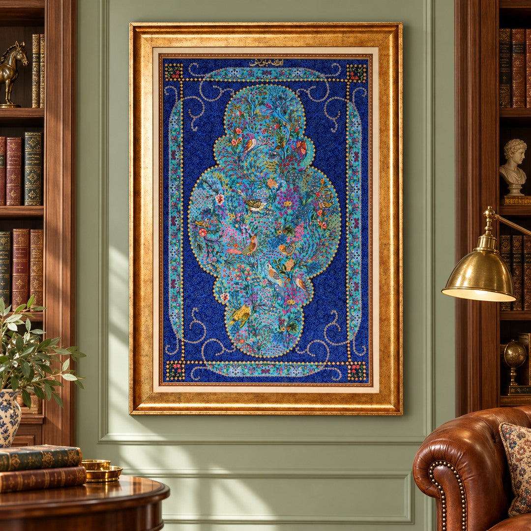 AI-generated interior visualization — MW-HM-0707; woven rug 93 x 57 cm, excluding any frame. Illustrative scale, not a customer project.