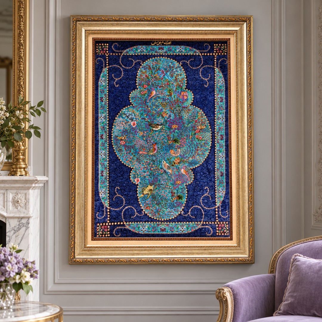AI-generated interior visualization — MW-HM-0708 — textile 89 x 57 cm, excluding frame; illustrative scale, not a customer project.