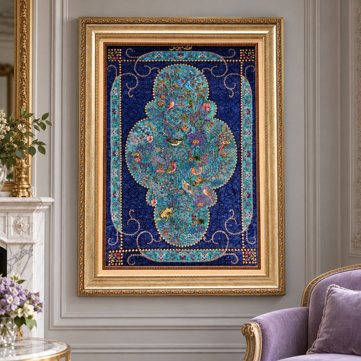 AI-generated interior visualization — MW-HM-0708 — textile 89 x 57 cm, excluding frame; illustrative scale, not a customer project.