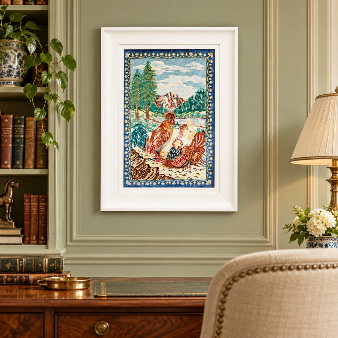 AI-generated interior visualization — MW-HM-0709 — textile 40 x 27 cm, excluding frame; illustrative scale, not a customer project.