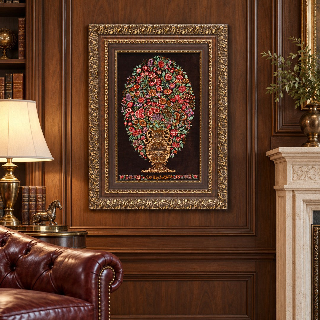 AI-generated interior visualization — MW-HM-0721 — textile 54 x 35 cm, excluding frame; illustrative scale, not a customer project.