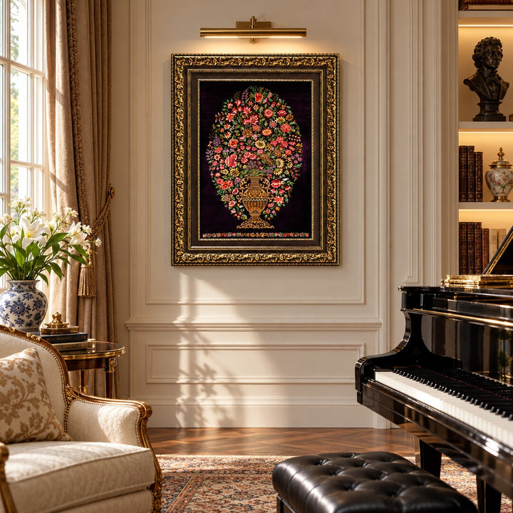 AI-generated interior visualization — MW-HM-0723, 71 x 51 cm, framed handmade silk wall art; illustrative styling, not a customer project or measurement.