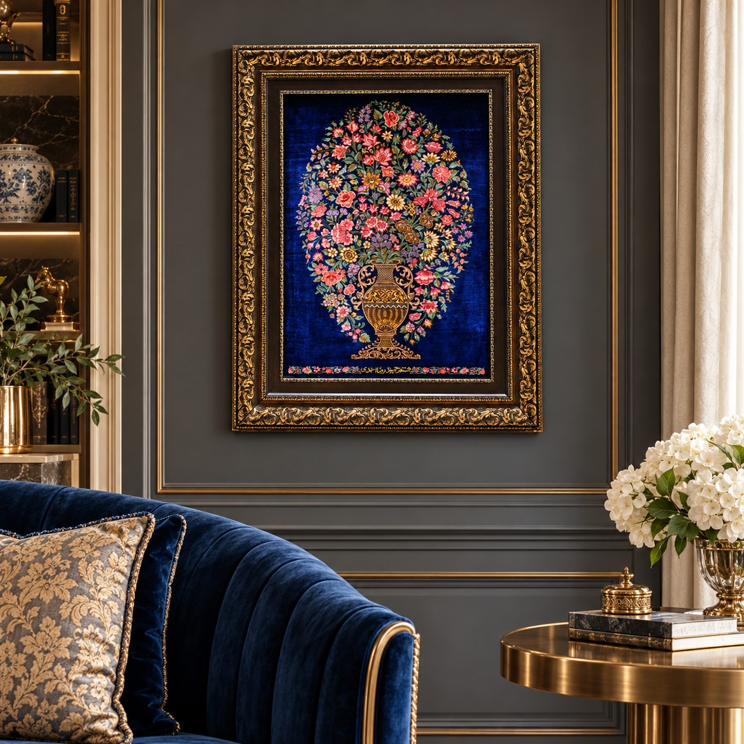 AI-generated interior visualization — MW-HM-0724 — textile 70 x 50 cm, excluding frame; illustrative scale, not a customer project.