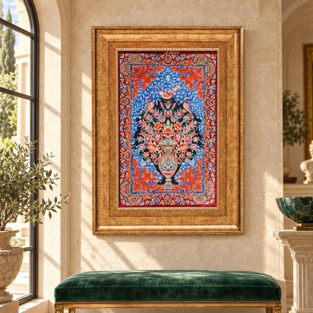 AI-generated interior visualization — MW-HM-0726; woven rug 62 x 39 cm, excluding any frame. Illustrative scale, not a customer project.
