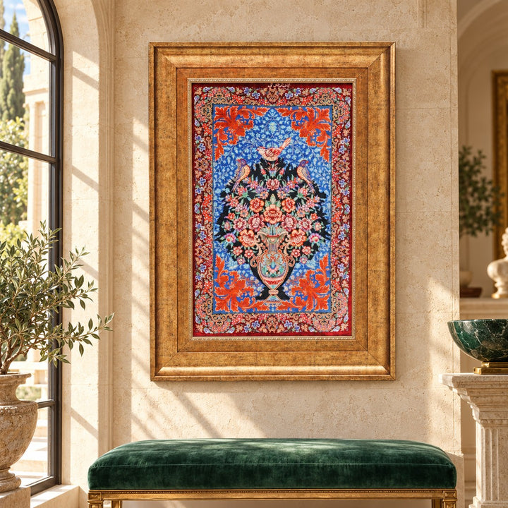 AI-generated interior visualization — MW-HM-0726; woven rug 62 x 39 cm, excluding any frame. Illustrative scale, not a customer project.