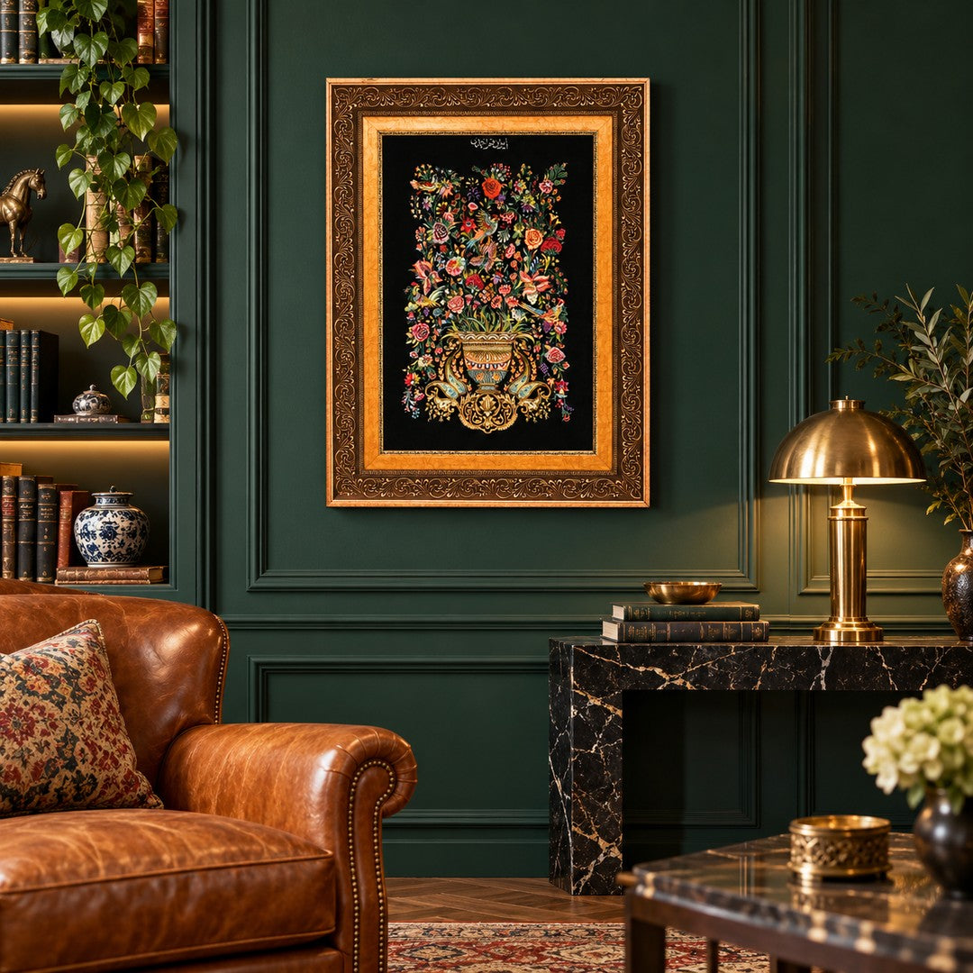 AI-generated interior visualization — MW-HM-0727 — textile 60 x 40 cm, excluding frame; illustrative scale, not a customer project.