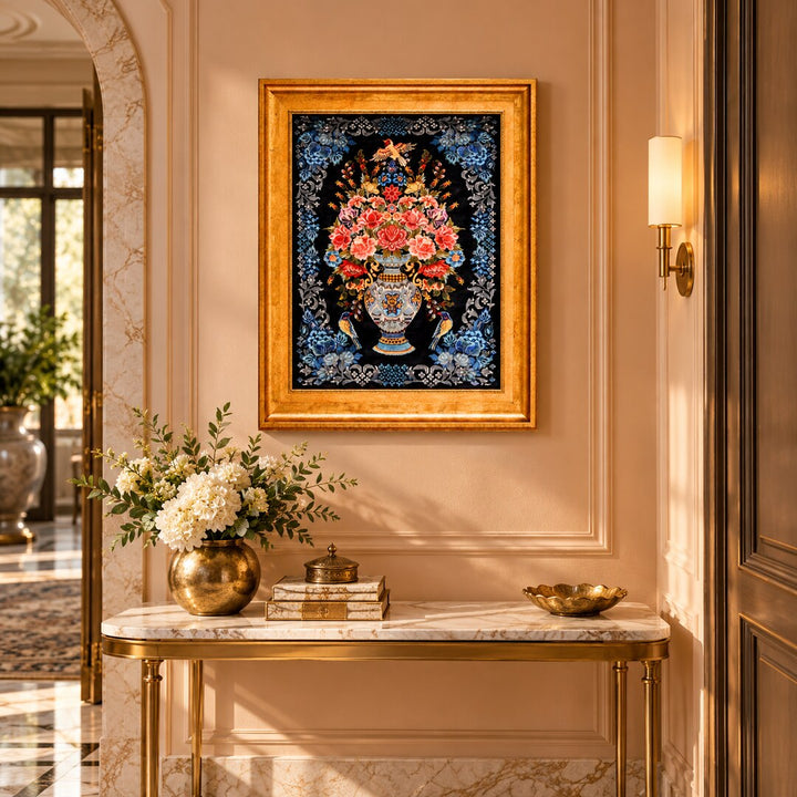 AI-generated interior visualization — MW-HM-0728, 59 x 41 cm, framed handmade silk wall art; illustrative styling, not a customer project or measurement.