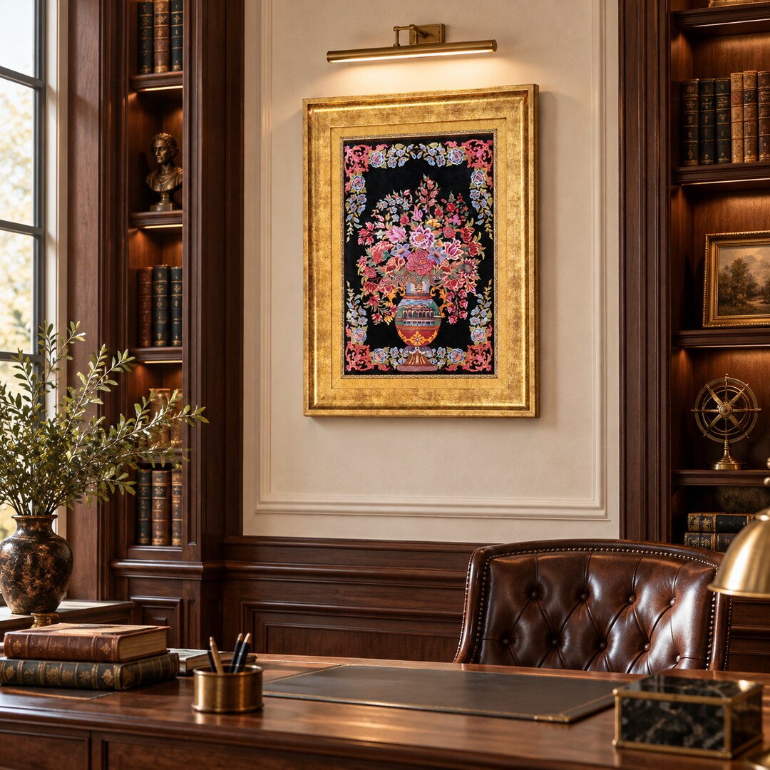 AI-generated interior visualization — MW-HM-0733, 59 x 41 cm, framed handmade silk wall art; illustrative styling, not a customer project or measurement.
