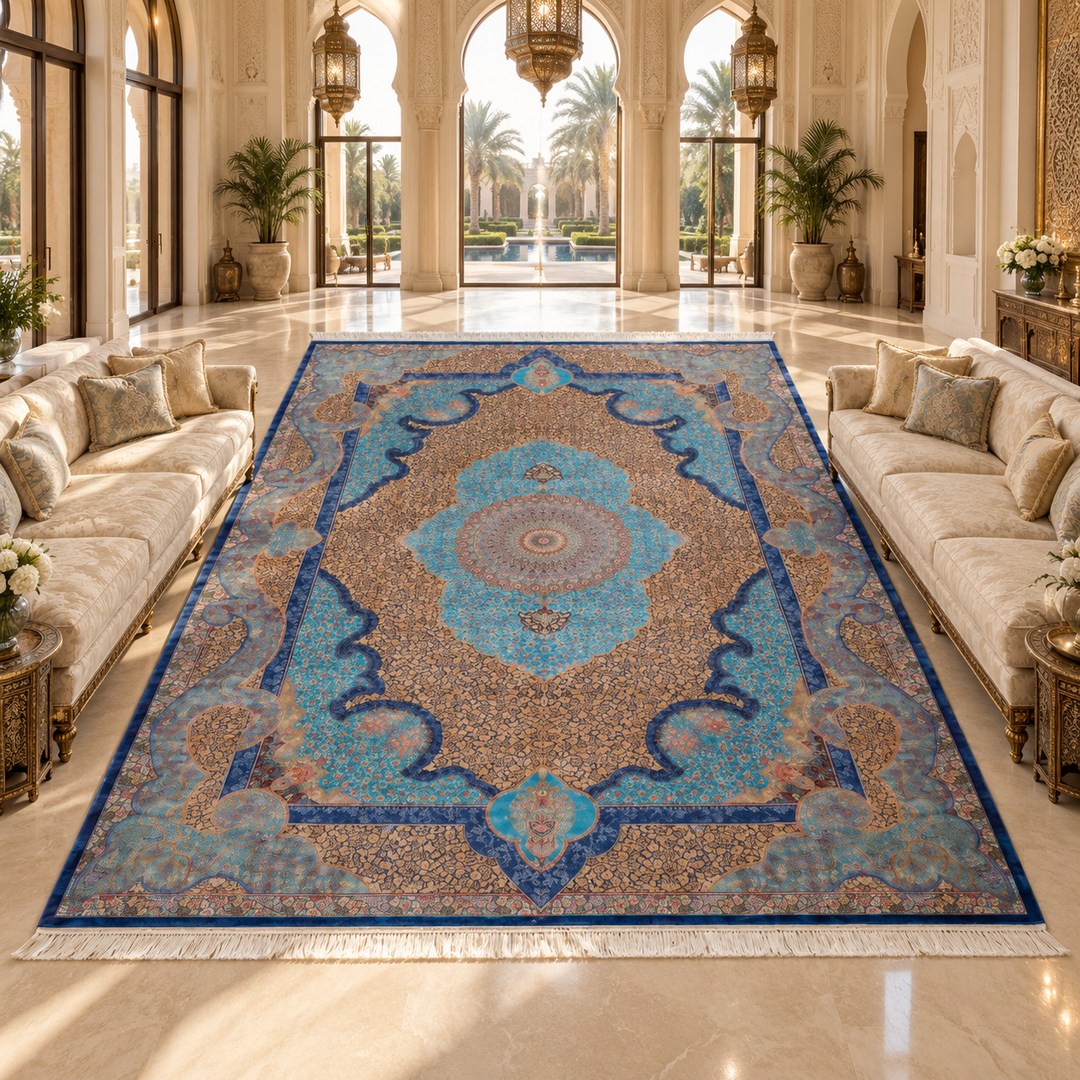 AI-generated interior visualization of MW-HM-0740, rectangular rug 516 × 344 cm. Styling illustration; see the original product photograph for exact details.