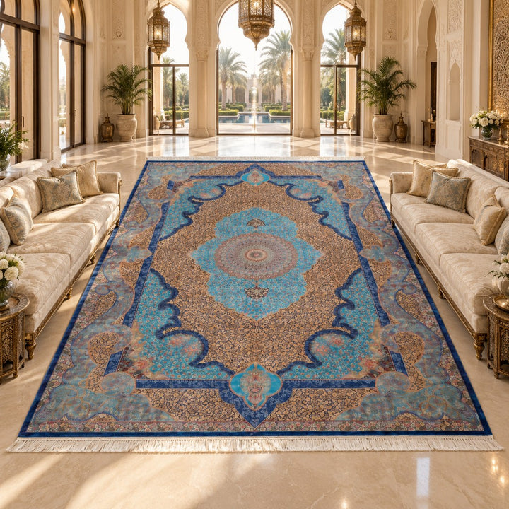 AI-generated interior visualization of MW-HM-0740, rectangular rug 516 × 344 cm. Styling illustration; see the original product photograph for exact details.