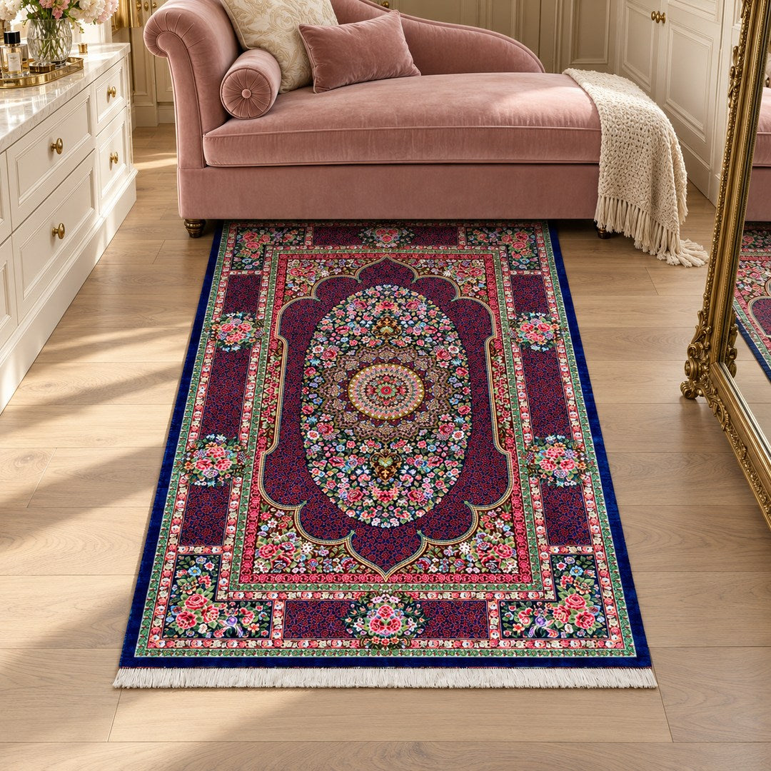 AI-generated interior visualization of MW-HM-0749, rectangular rug 151 × 100 cm. Styling illustration; see original product photograph for exact details.