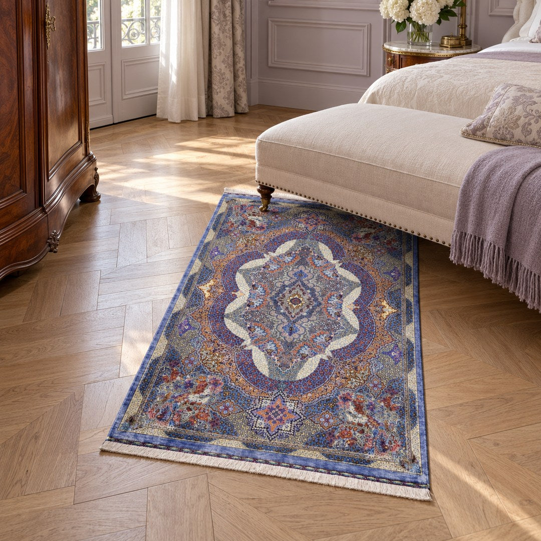AI-generated interior visualization of MW-HM-0750, rectangular rug 157 × 97 cm. Styling illustration; see the original product photograph for exact details.