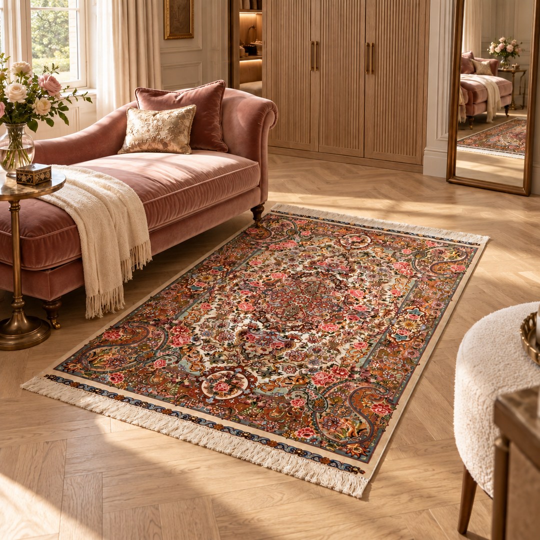 AI-generated interior visualization — MW-HM-0751, rectangular rug 163 x 102 cm. Styling illustration; original product photo shows exact details.