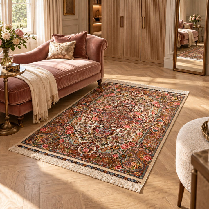 AI-generated interior visualization — MW-HM-0751, rectangular rug 163 x 102 cm. Styling illustration; original product photo shows exact details.