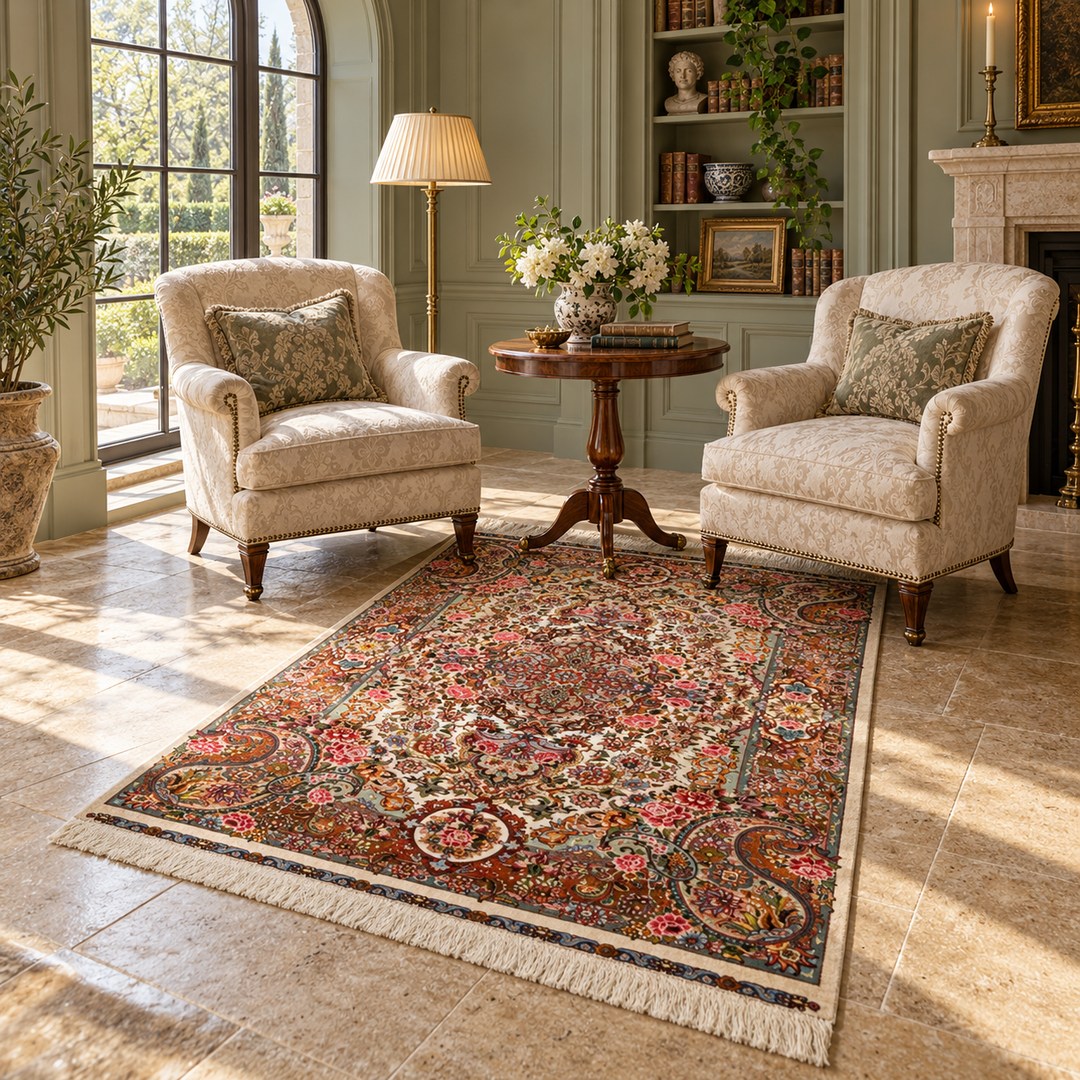AI-generated interior visualization — MW-HM-0752, rectangular rug 165 x 102 cm. Styling illustration; original product photo shows exact details.