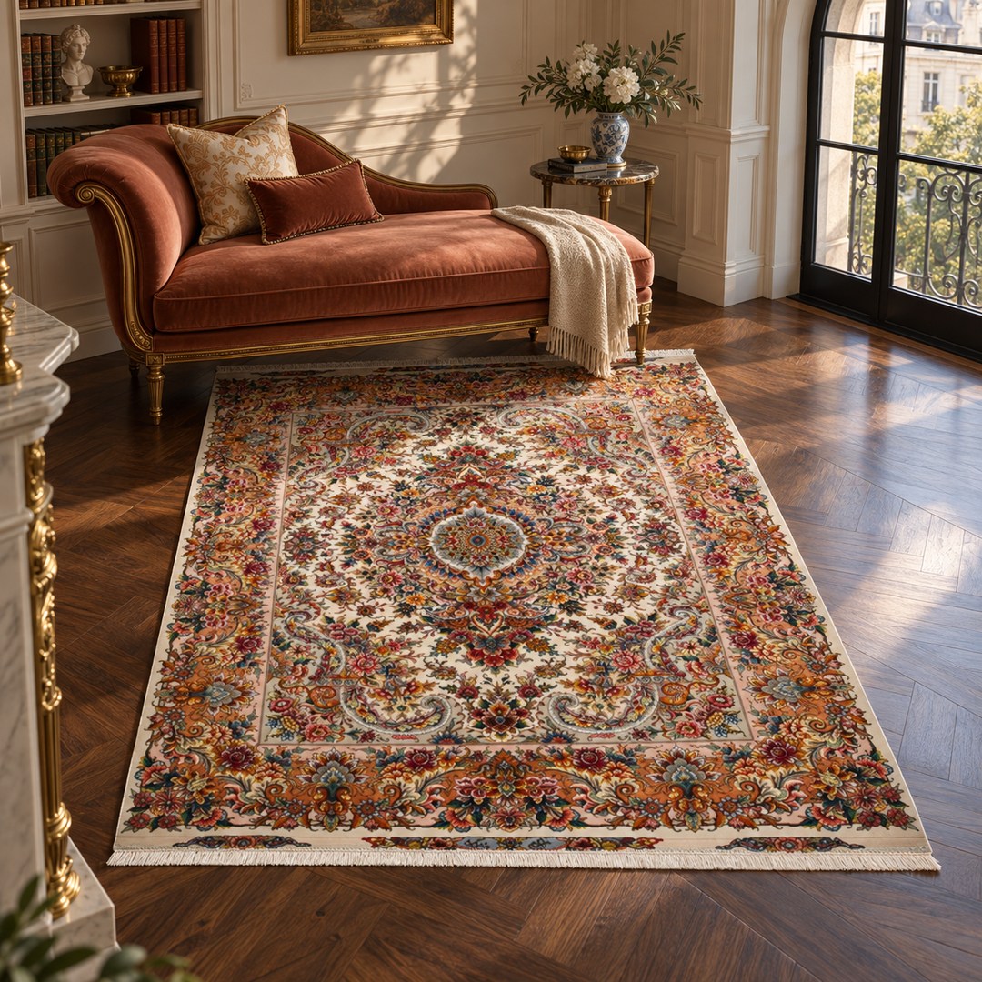 AI-generated interior visualization — MW-HM-0753, rectangular rug 214 x 150 cm. Styling illustration; original product photo shows exact details.