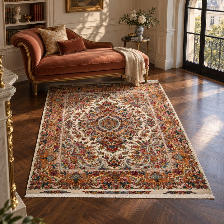 AI-generated interior visualization — MW-HM-0753, rectangular rug 214 x 150 cm. Styling illustration; original product photo shows exact details.