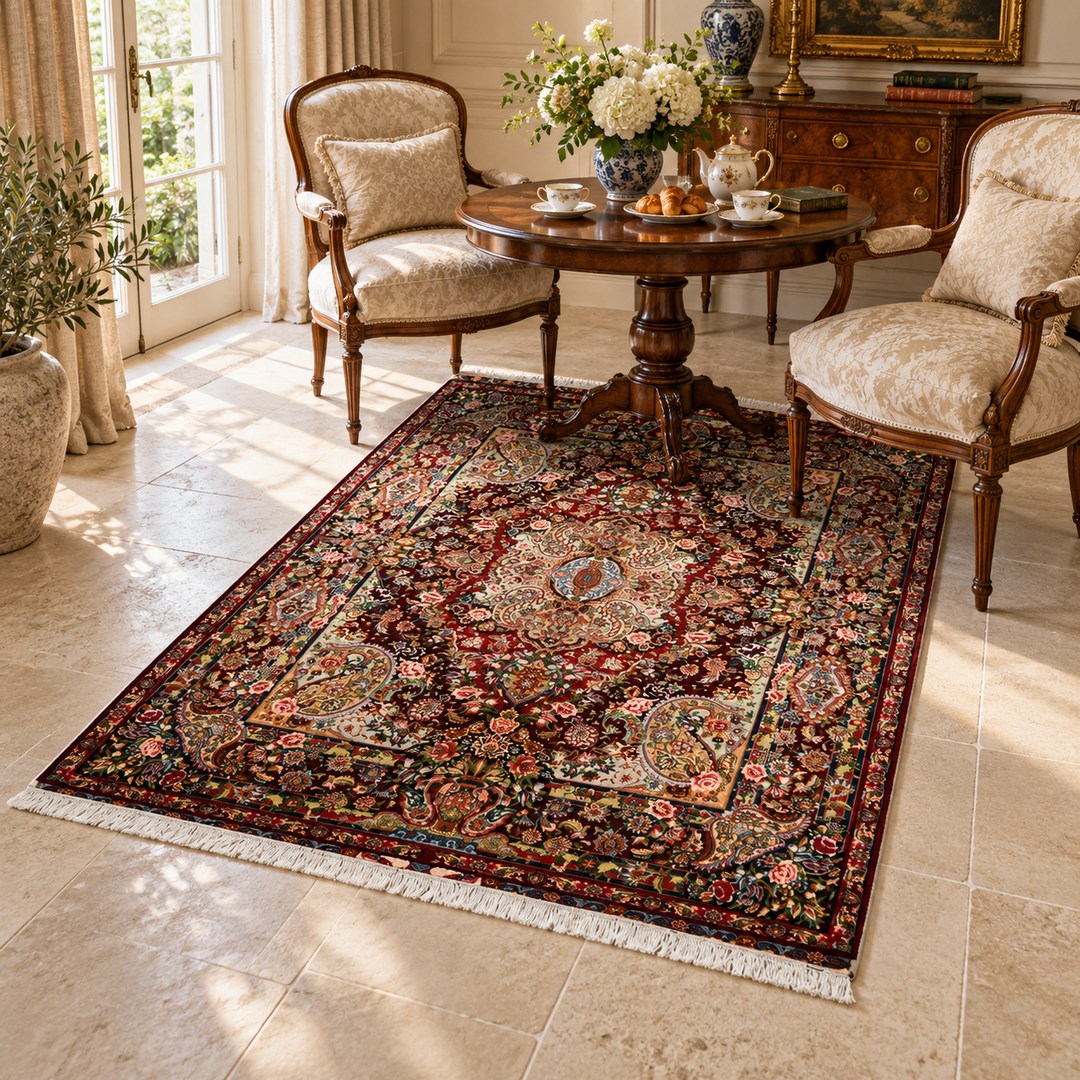 AI-generated interior visualization — MW-HM-0754, rectangular rug 213 x 147 cm. Styling illustration; original product photo shows exact details.