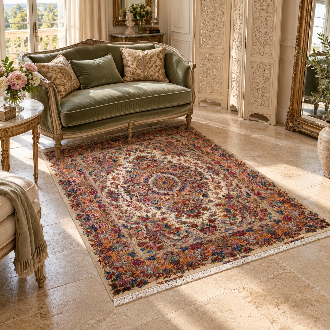 AI-generated interior visualization — MW-HM-0765, rectangular rug 215 x 150 cm. Styling illustration; original product photo shows exact details.