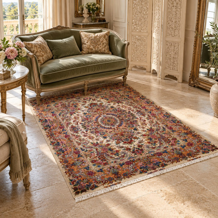 AI-generated interior visualization — MW-HM-0765, rectangular rug 215 x 150 cm. Styling illustration; original product photo shows exact details.