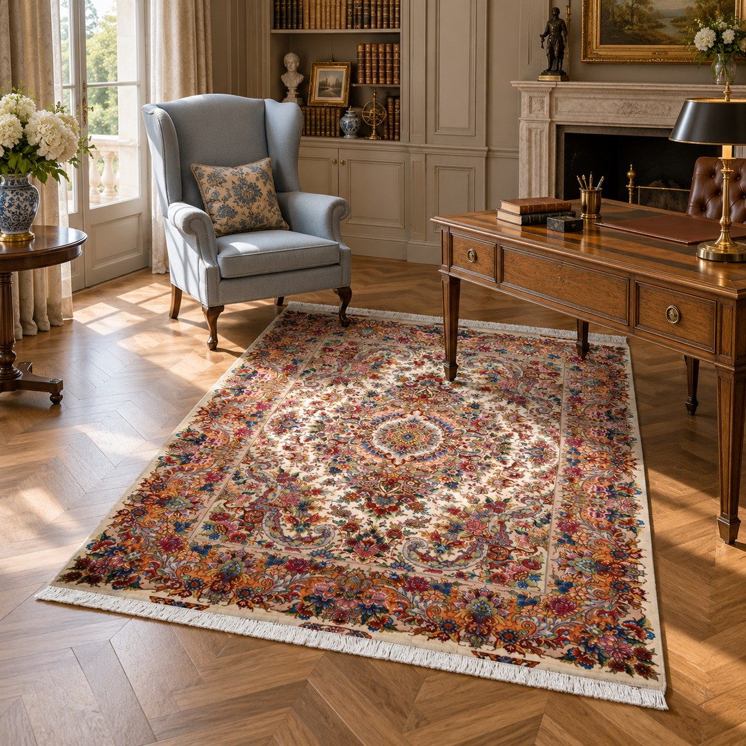AI-generated interior visualization — MW-HM-0766, rectangular rug 213 x 152 cm. Styling illustration; original product photo shows exact details.