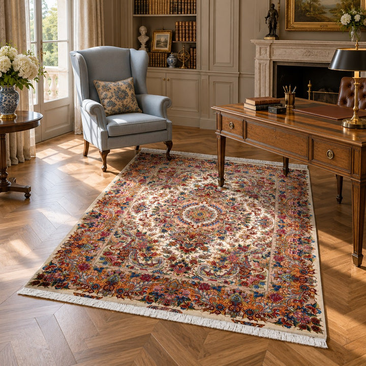 AI-generated interior visualization — MW-HM-0766, rectangular rug 213 x 152 cm. Styling illustration; original product photo shows exact details.