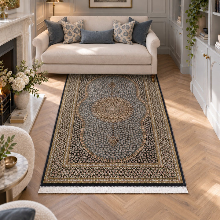 AI-generated interior visualization — MW-HM-0767, 203 × 104 cm, rectangle rug. Illustrative styling; see original product photo for exact details.