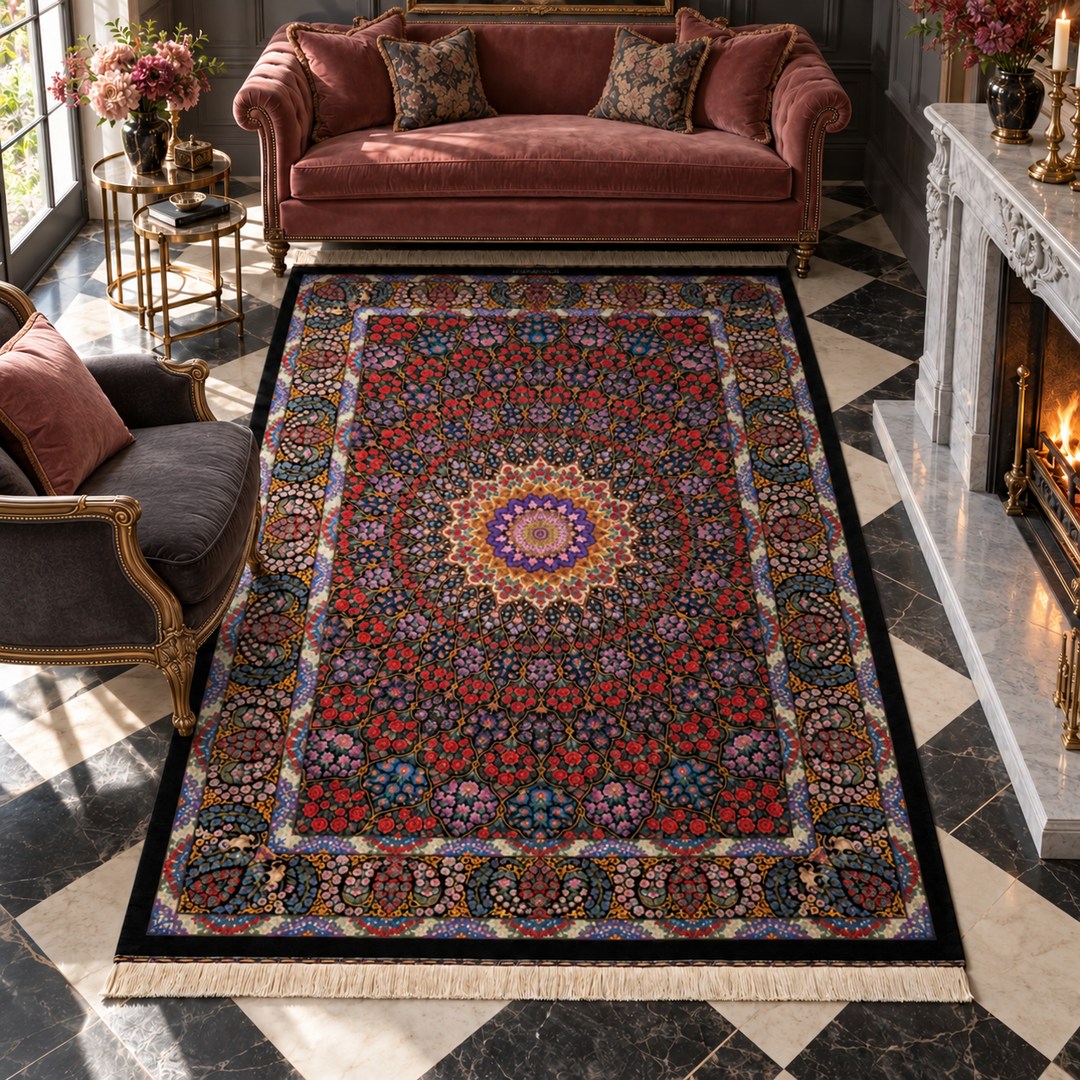 AI-generated interior visualization — MW-HM-0768, 201 × 136 cm, rectangle rug. Illustrative styling; see original product photo for exact details.