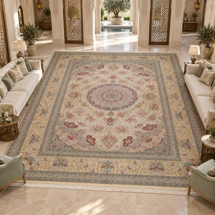 AI-generated interior visualization of MW-HM-0772, rectangular rug 570 × 395 cm. Styling illustration; see the original product photograph for exact details.