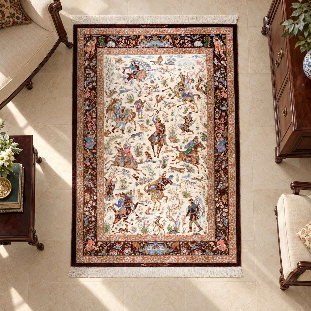 AI-generated interior visualization — MW-HM-0773; woven rug 216 x 145 cm, excluding any frame. Illustrative scale, not a customer project.