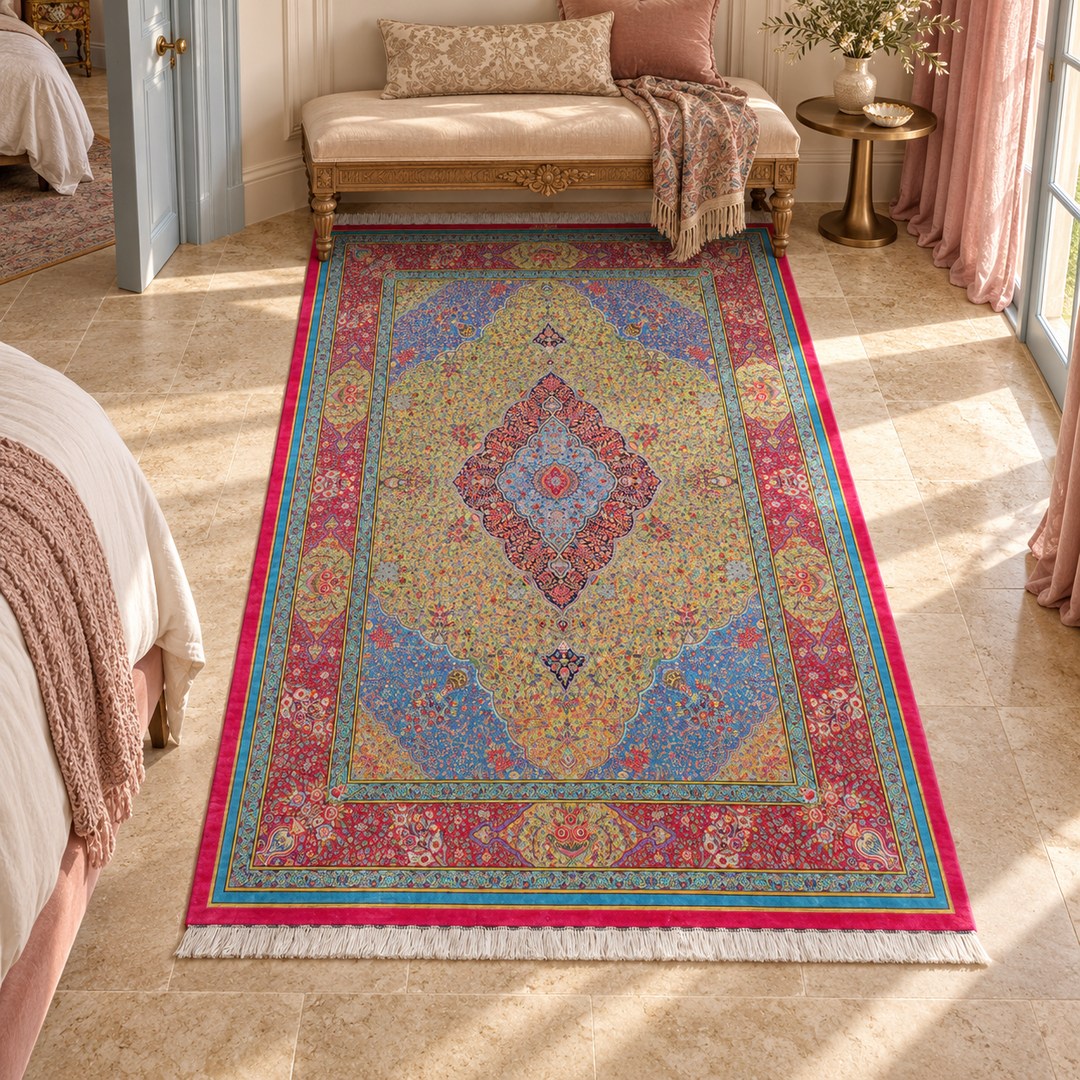 AI-generated interior visualization — MW-HM-0775, 203 × 130 cm, rectangle rug. Illustrative styling; see original product photo for exact details.