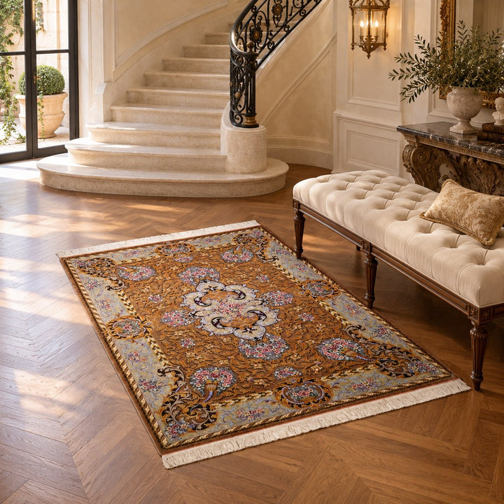 AI-generated interior visualization of MW-HM-0777, rectangular rug 210 × 143 cm. Styling illustration; see the original product photograph for exact details.