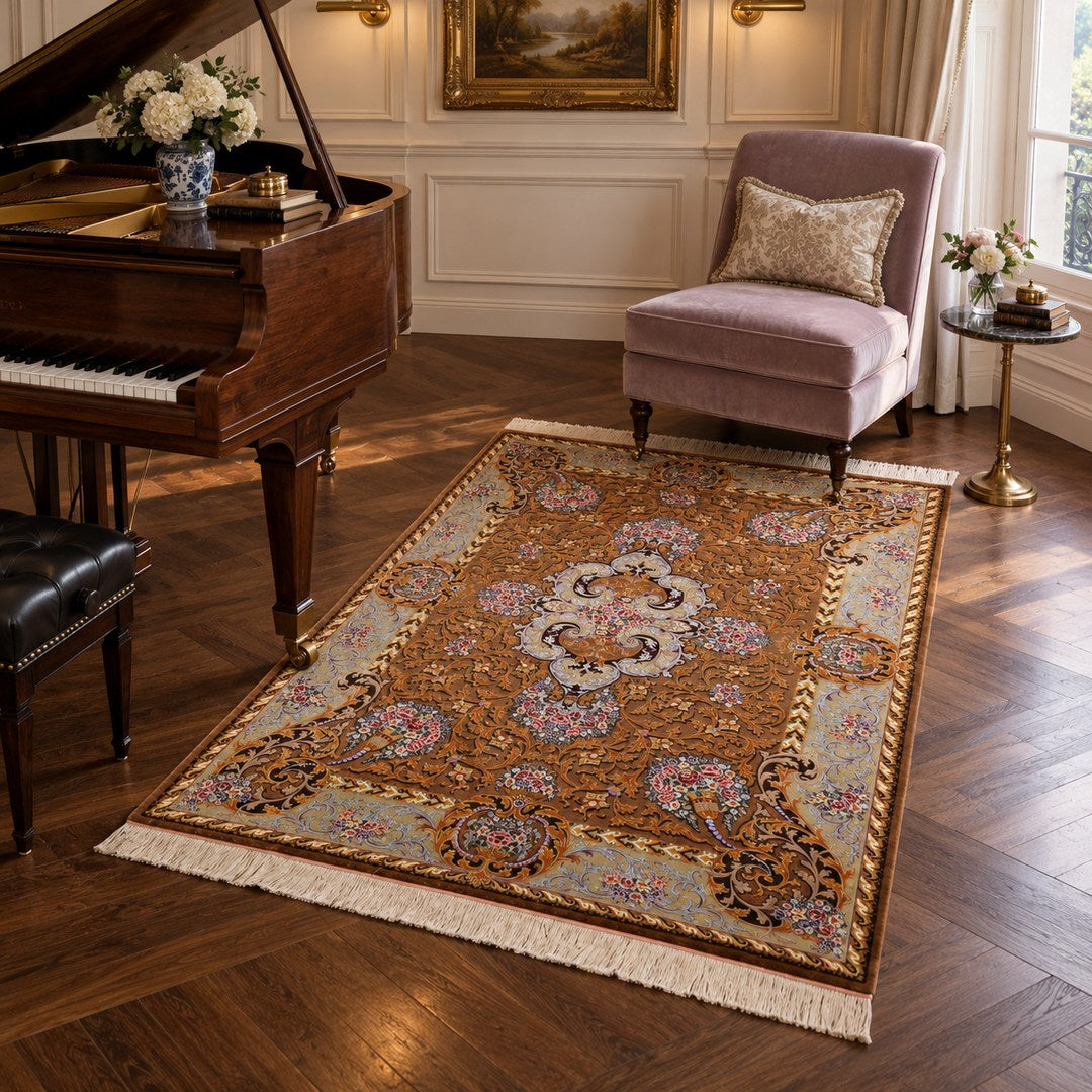AI-generated interior visualization of MW-HM-0778, rectangular rug 208 × 138 cm. Styling illustration; see the original product photograph for exact details.