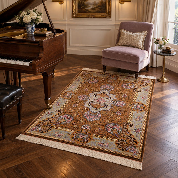 AI-generated interior visualization of MW-HM-0778, rectangular rug 208 × 138 cm. Styling illustration; see the original product photograph for exact details.