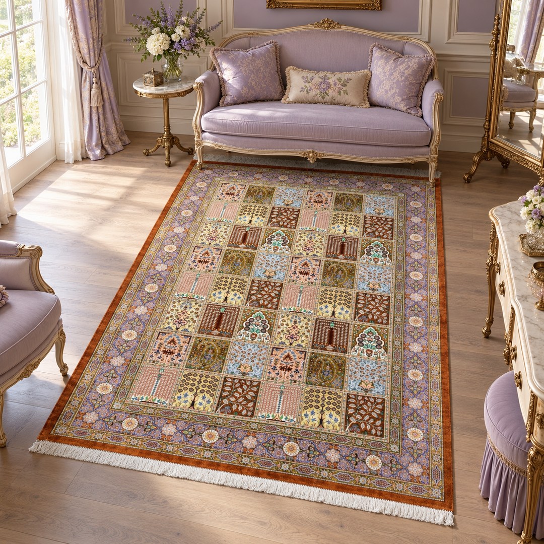 AI-generated interior visualization — MW-HM-0779, 202 × 136 cm, rectangle rug. Illustrative styling; see original product photo for exact details.
