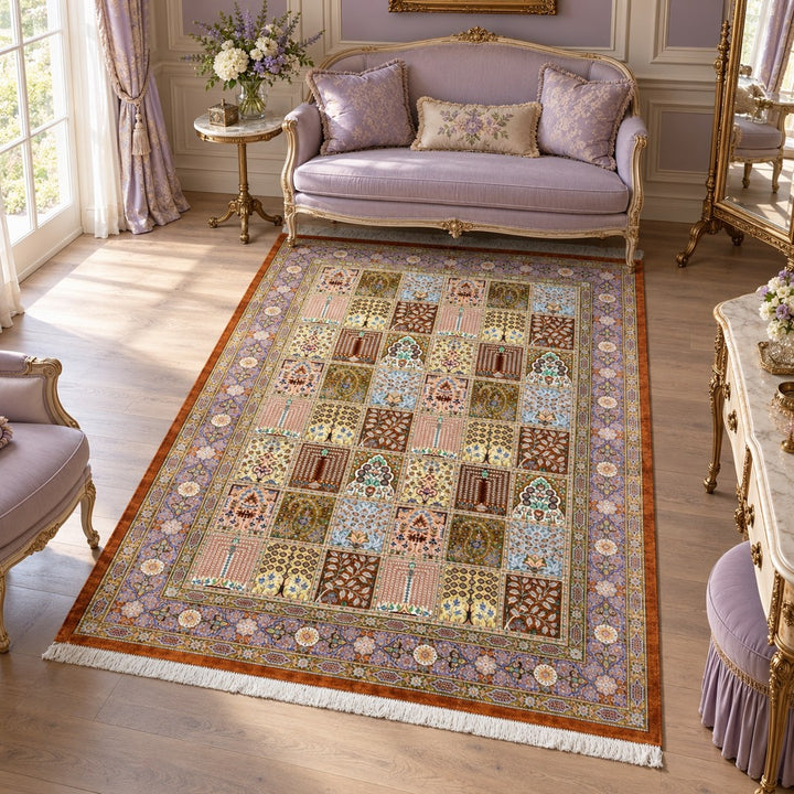 AI-generated interior visualization — MW-HM-0779, 202 × 136 cm, rectangle rug. Illustrative styling; see original product photo for exact details.