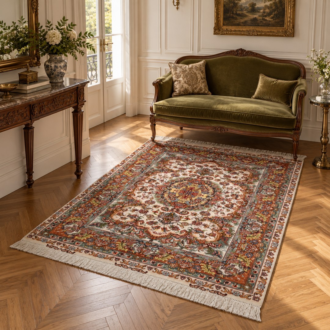 AI-generated interior visualization — MW-HM-0781, rectangular rug 204 x 151 cm. Styling illustration; original product photo shows exact details.