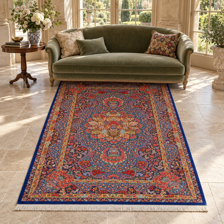 AI-generated interior visualization of MW-HM-0782, rectangular rug 194 × 136 cm. Styling illustration; see the original product photograph for exact details.