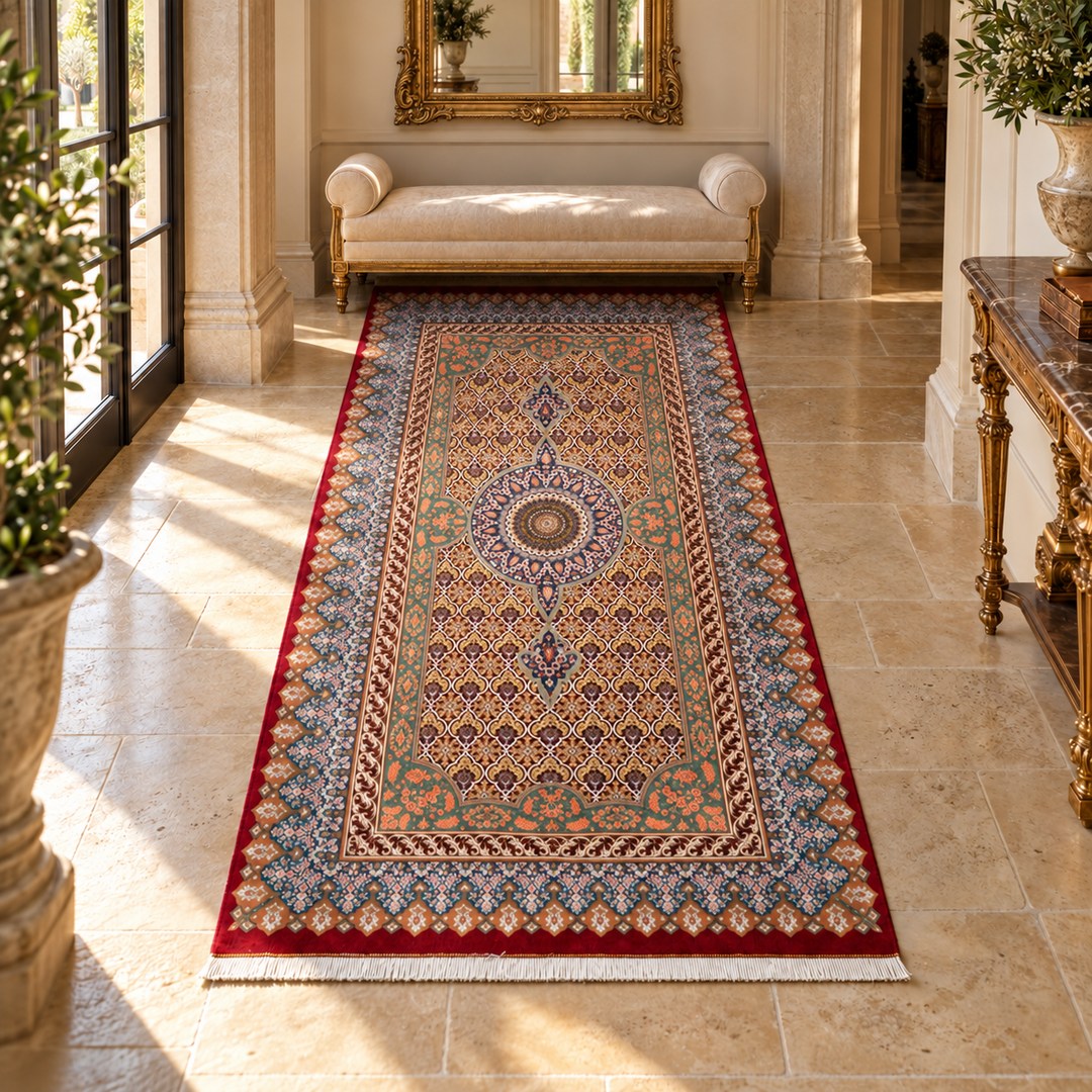 AI-generated interior visualization — MW-HM-0783, rectangular rug 200 x 102 cm. Styling illustration; original product photo shows exact details.