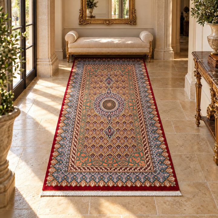 AI-generated interior visualization — MW-HM-0783, rectangular rug 200 x 102 cm. Styling illustration; original product photo shows exact details.