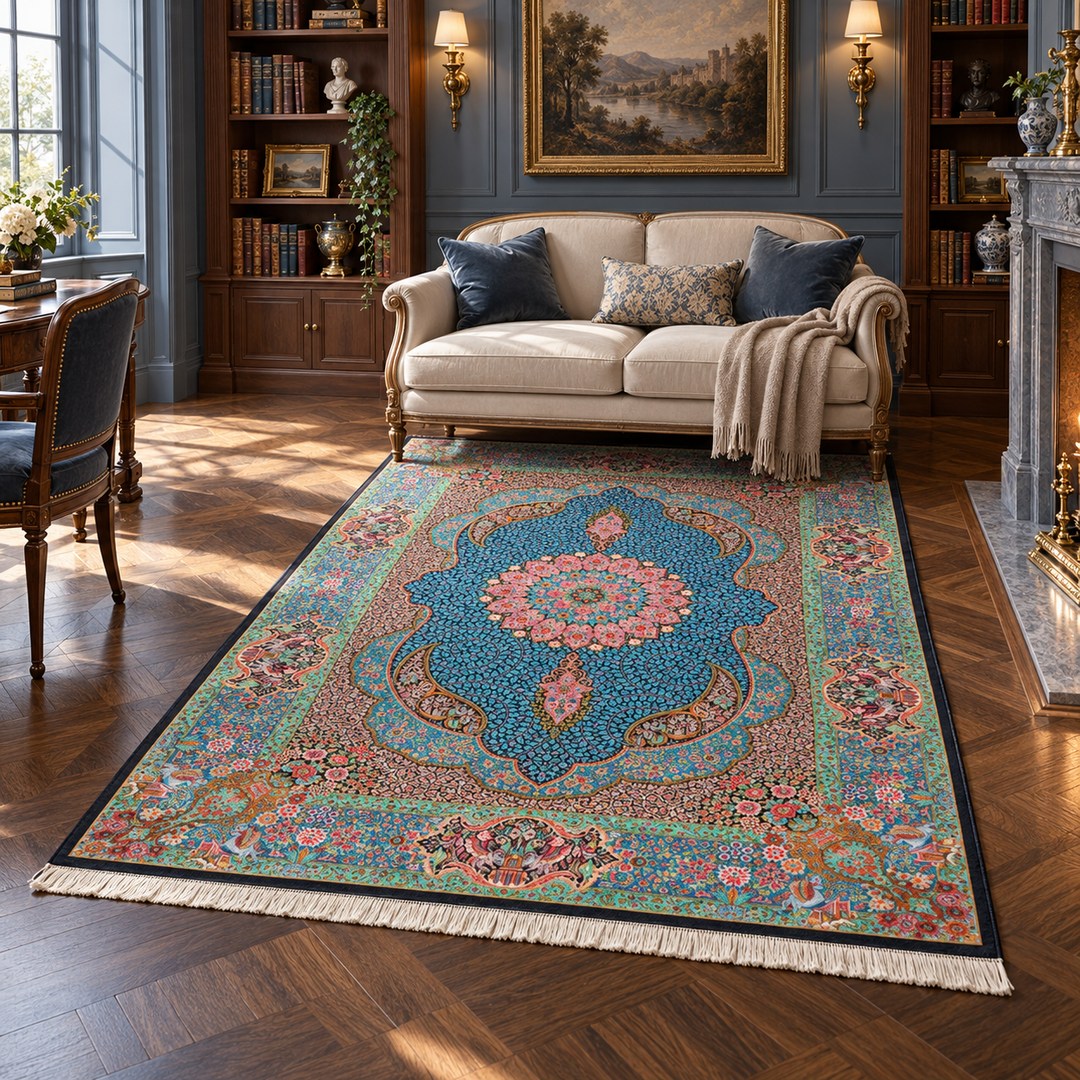 AI-generated interior visualization — MW-HM-0784, rectangular rug 198 x 138 cm. Styling illustration; original product photo shows exact details.
