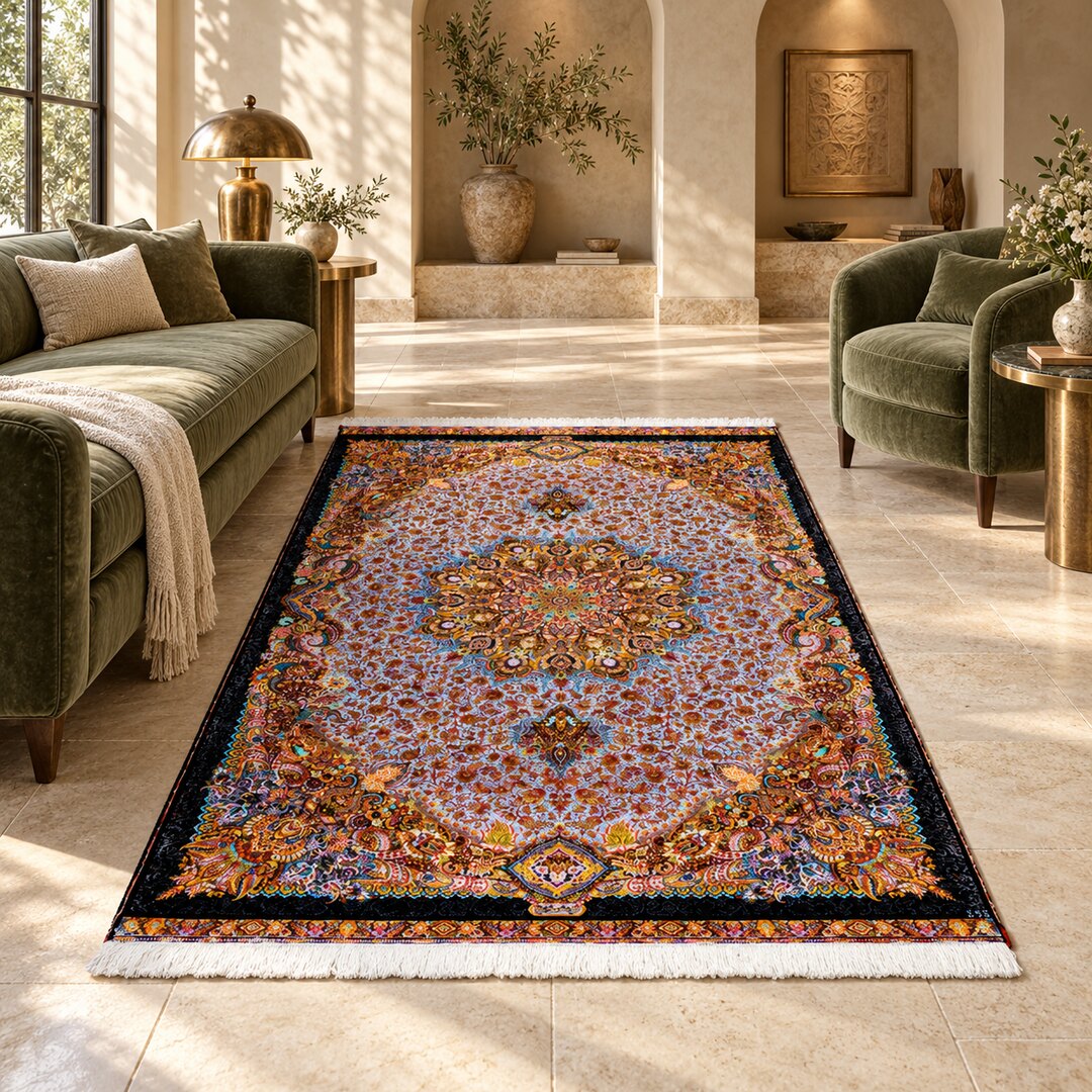 AI-generated interior visualization — MW-HM-0785, 209 x 139 cm rug. Styling illustration; original product photo shows exact details.