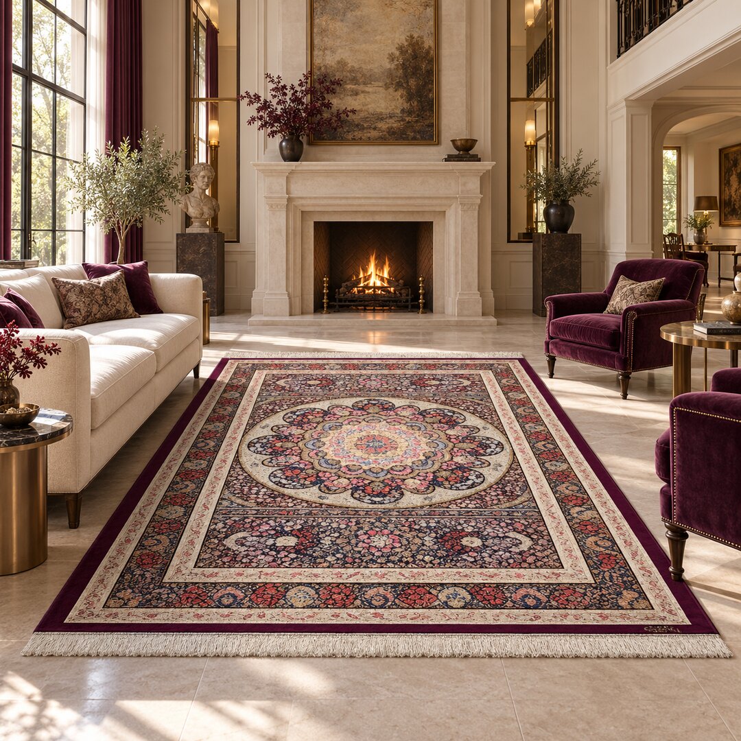 AI-generated interior visualization — MW-HM-0786, 323 x 242 cm rug. Styling illustration; original product photo shows exact details.