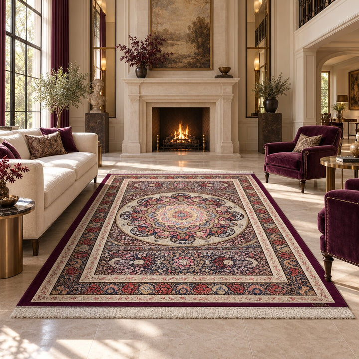 AI-generated interior visualization — MW-HM-0786, 323 x 242 cm rug. Styling illustration; original product photo shows exact details.