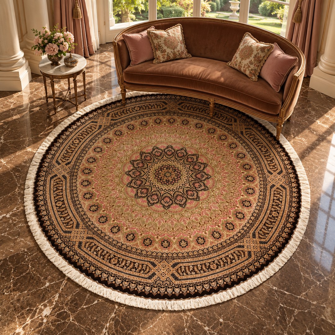 AI-generated interior visualization — MW-HM-0787, 250 × 250 cm, round rug. Illustrative styling; see original product photo for exact details.