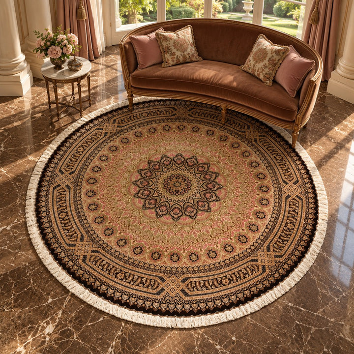 AI-generated interior visualization — MW-HM-0787, 250 × 250 cm, round rug. Illustrative styling; see original product photo for exact details.