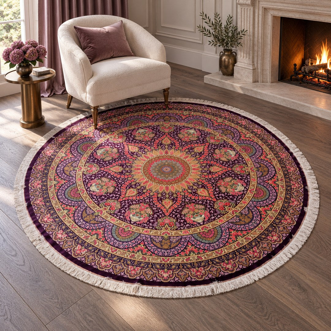 AI-generated interior visualization — MW-HM-0789, 250 x 250 cm, round rug; illustrative scale, not a real customer project.