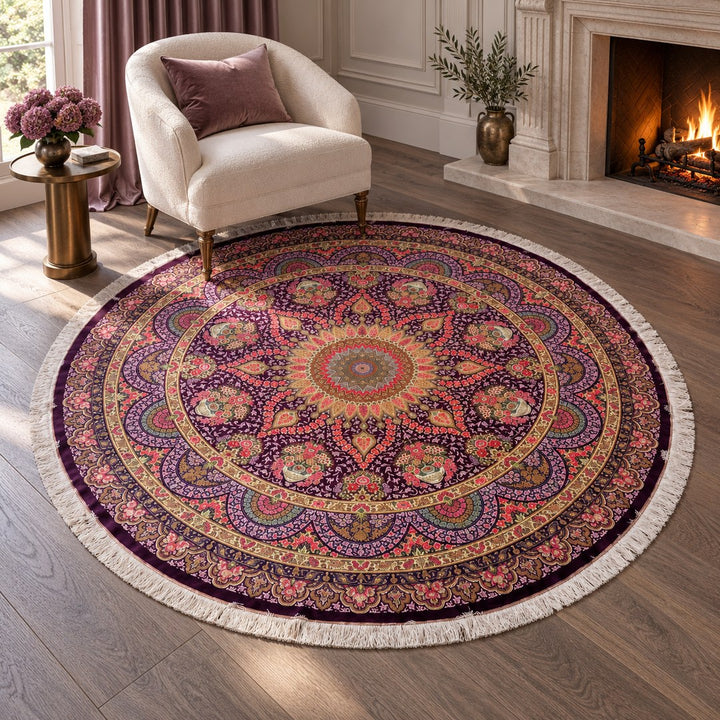 AI-generated interior visualization — MW-HM-0789, 250 x 250 cm, round rug; illustrative scale, not a real customer project.