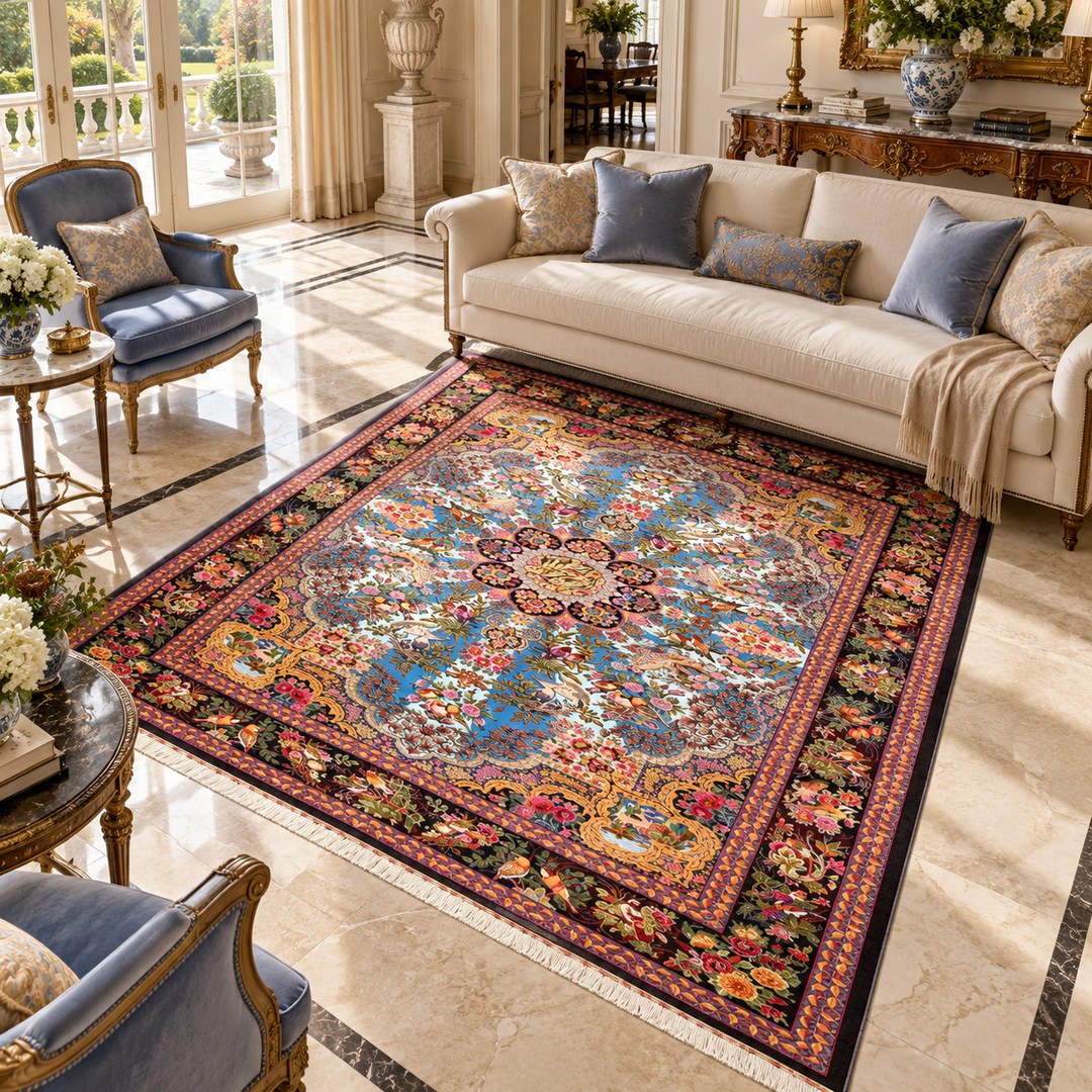 AI-generated interior visualization — MW-HM-0791, rectangular rug 300 x 200 cm. Styling illustration; original product photo shows exact details.