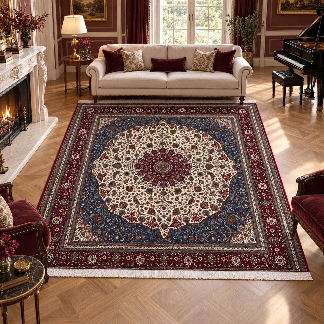 AI-generated interior visualization — MW-HM-0793, 301 × 298 cm, square rug. Illustrative styling; see original product photo for exact details.